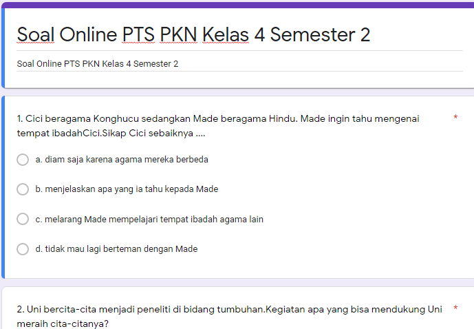 Soal Online PTS PKN Kelas 4 Semester 2 K13 Revisi